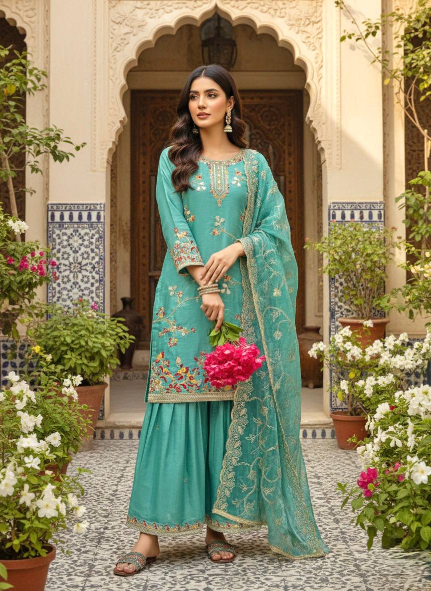 Sky Blue Party Wear Look Silk Top Plazzo Suit Set With Dupatta For Wedding