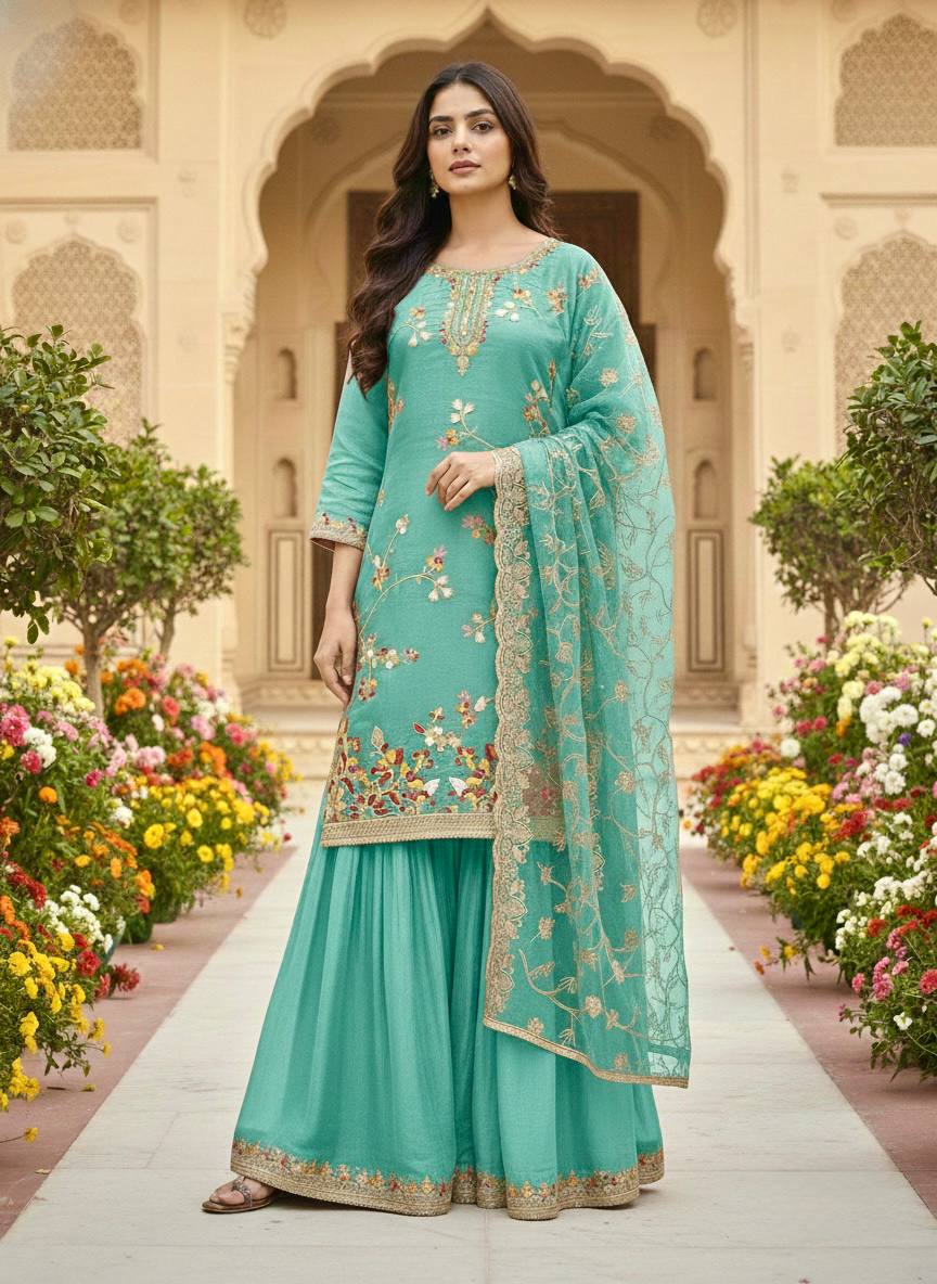 Sky Blue Party Wear Look Silk Top Plazzo Suit Set With Dupatta For Wedding