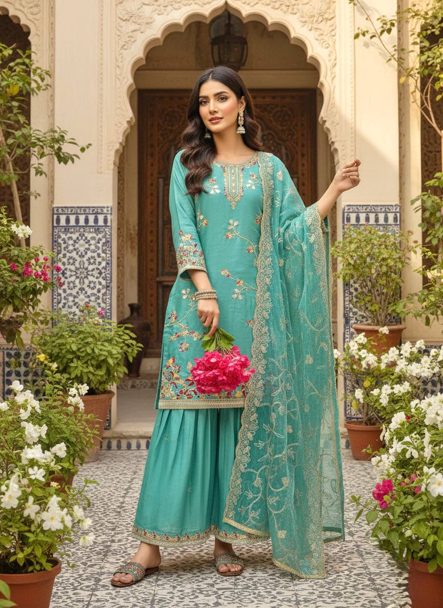 Sky Blue Party Wear Look Silk Top Plazzo Suit Set With Dupatta For Wedding