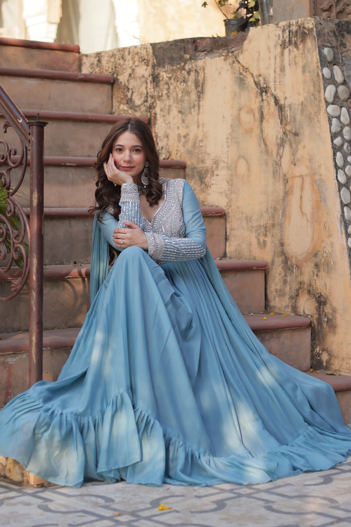 Sky Blue Sequins Georgette Dress