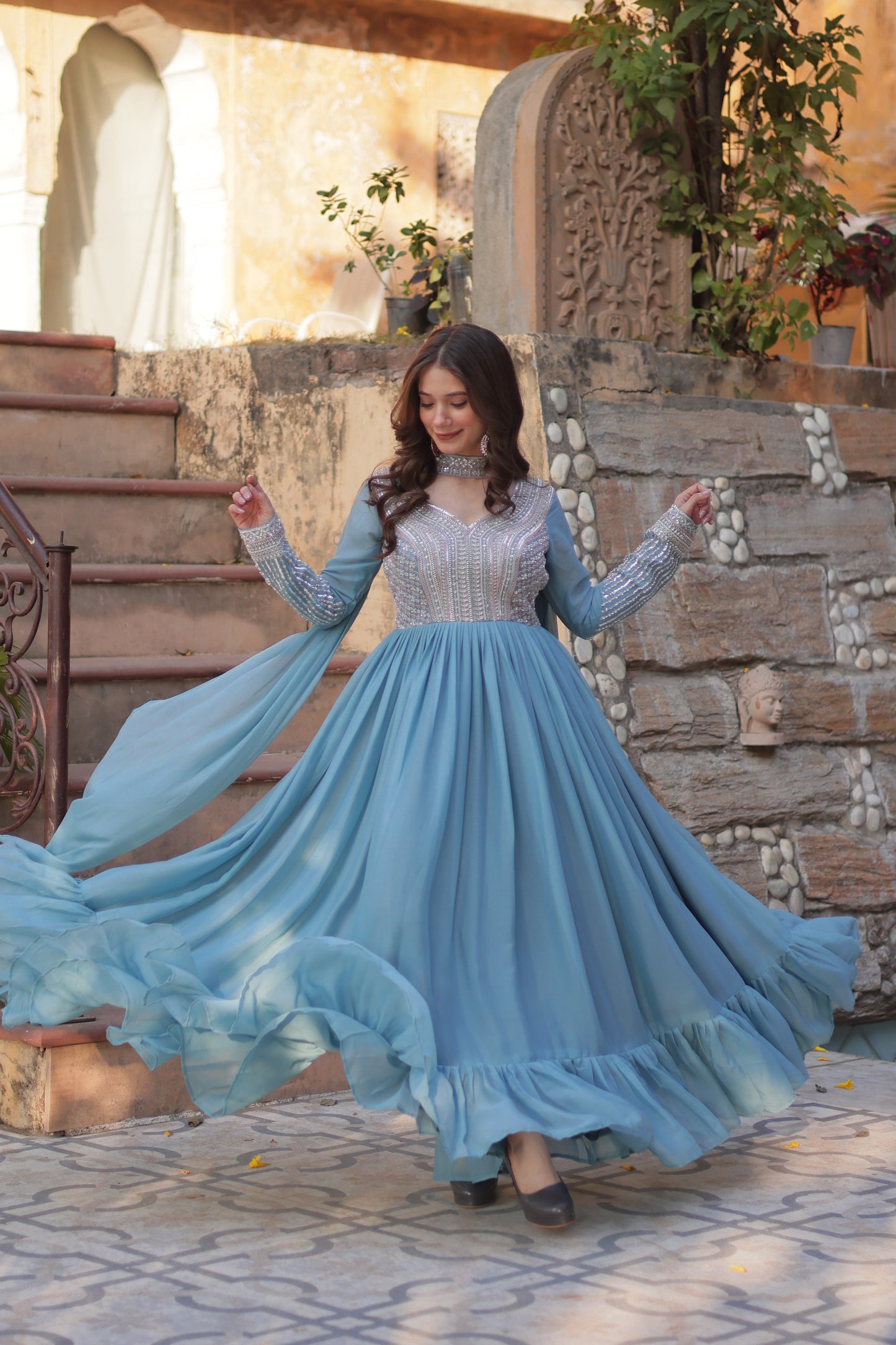Sky Blue Sequins Georgette Dress