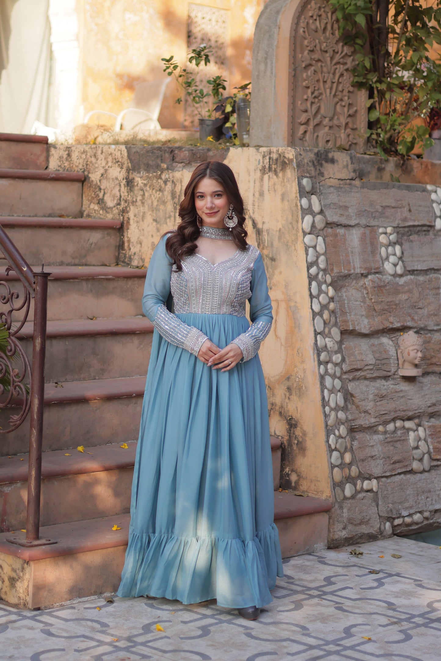 Sky Blue Sequins Georgette Dress