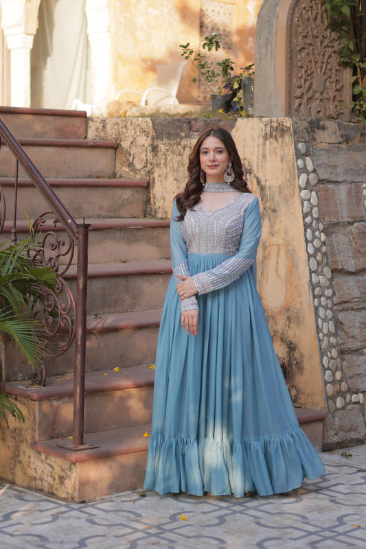Sky Blue Sequins Georgette Dress
