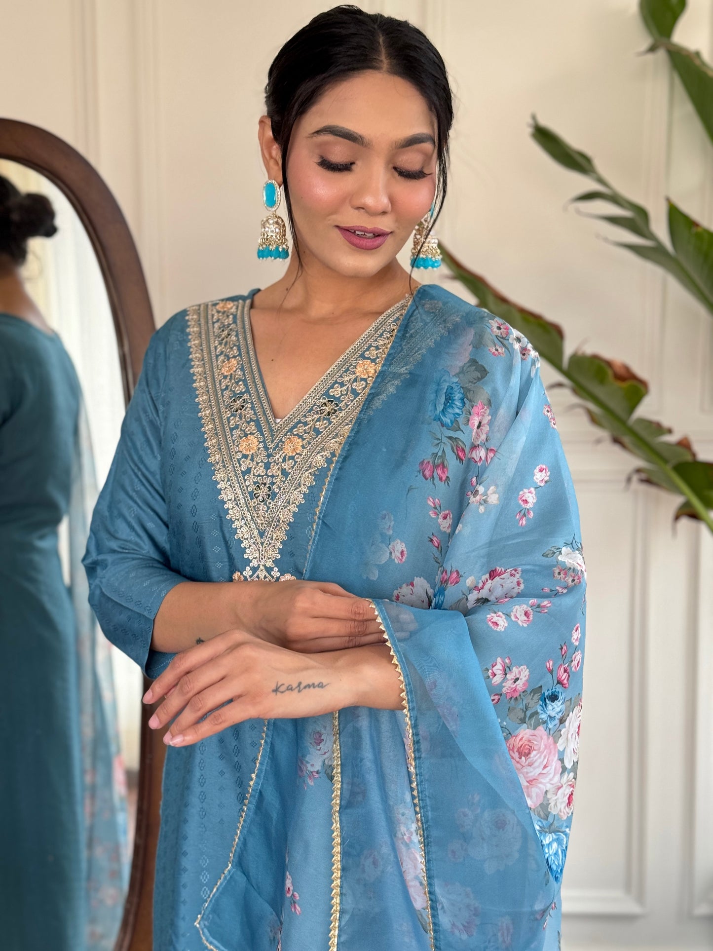 Sparkling Blue Embroidered Neck Work Straight Suit Set With Dupatta