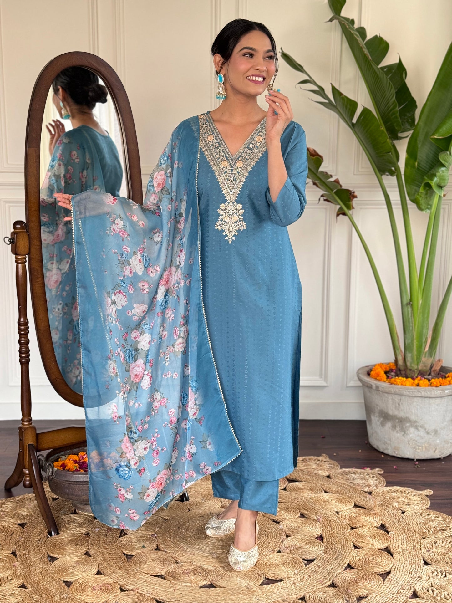 Sparkling Blue Embroidered Neck Work Straight Suit Set With Dupatta