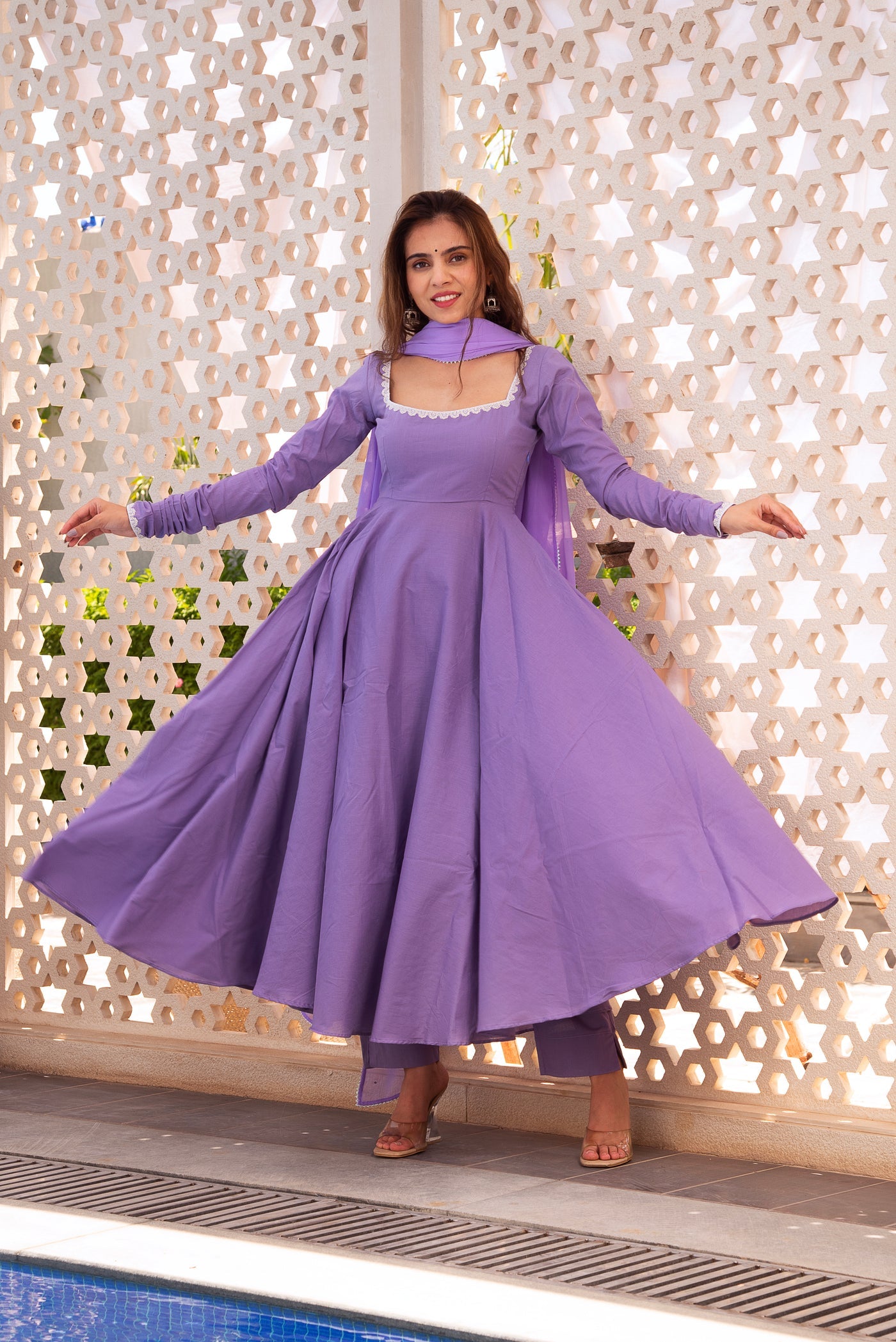 Stylish Lavender Cotton Anarkali Suit for Party Wear