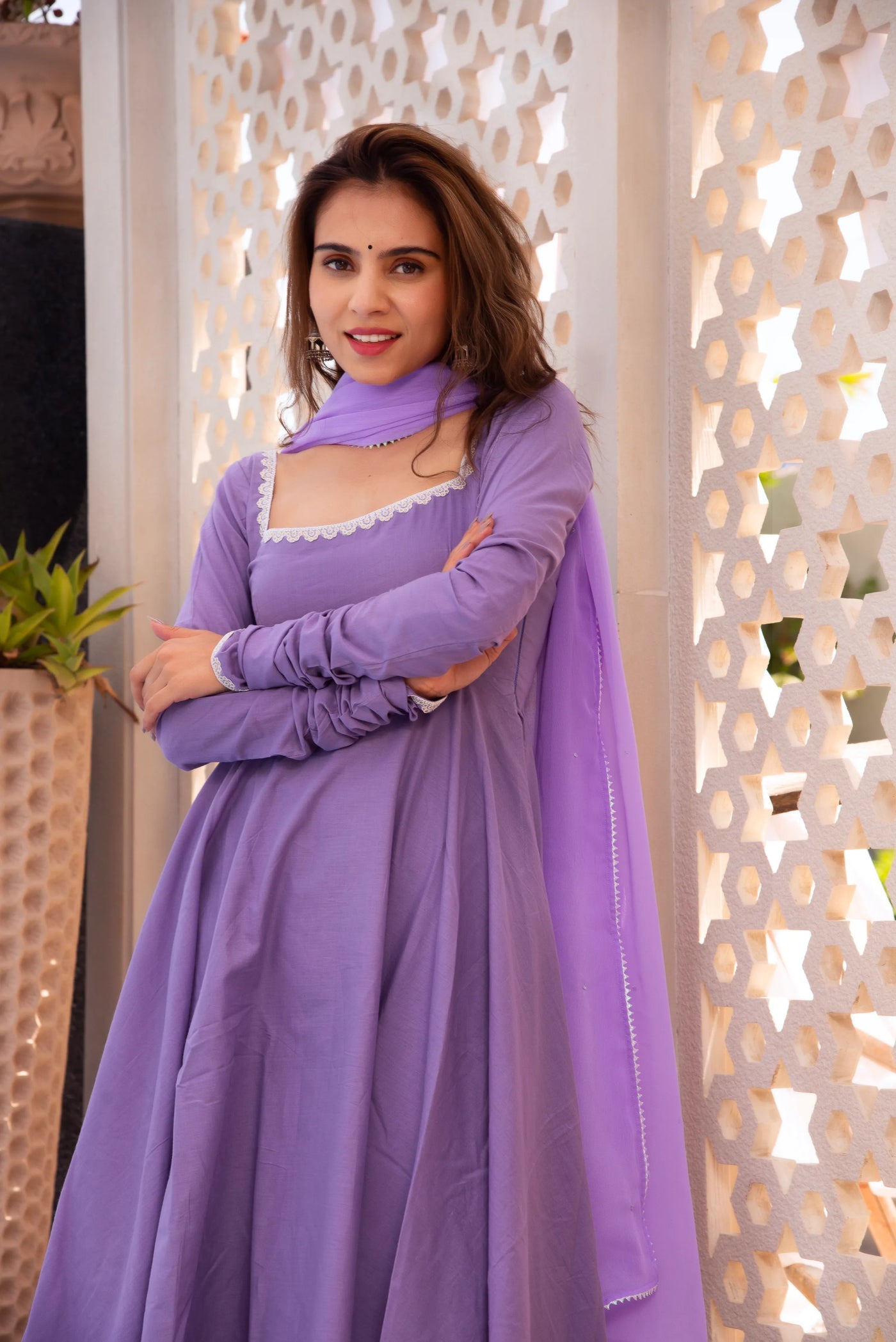 Stylish Lavender Cotton Anarkali Suit for Party Wear
