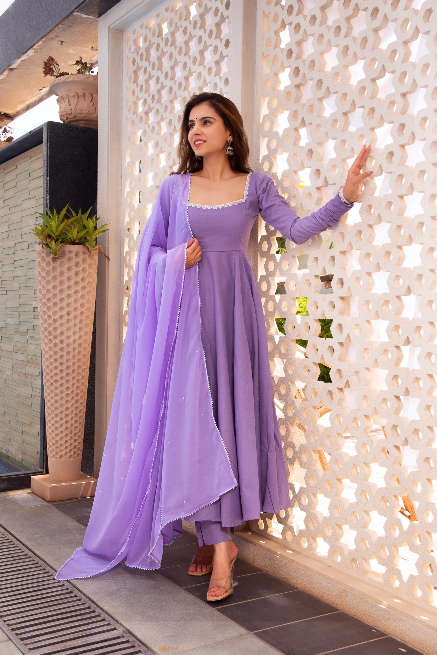 Stylish Lavender Cotton Anarkali Suit for Party Wear