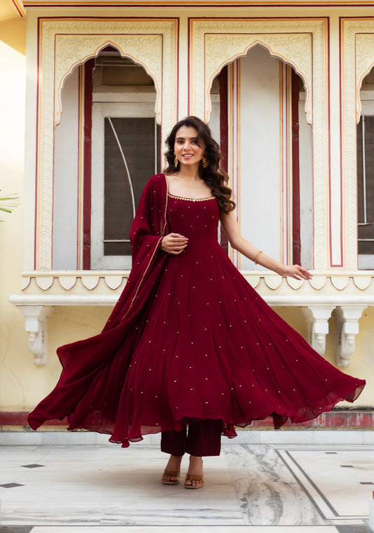 Stylish Maroon Georgette Anarkali Suit for Traditional Festive Look