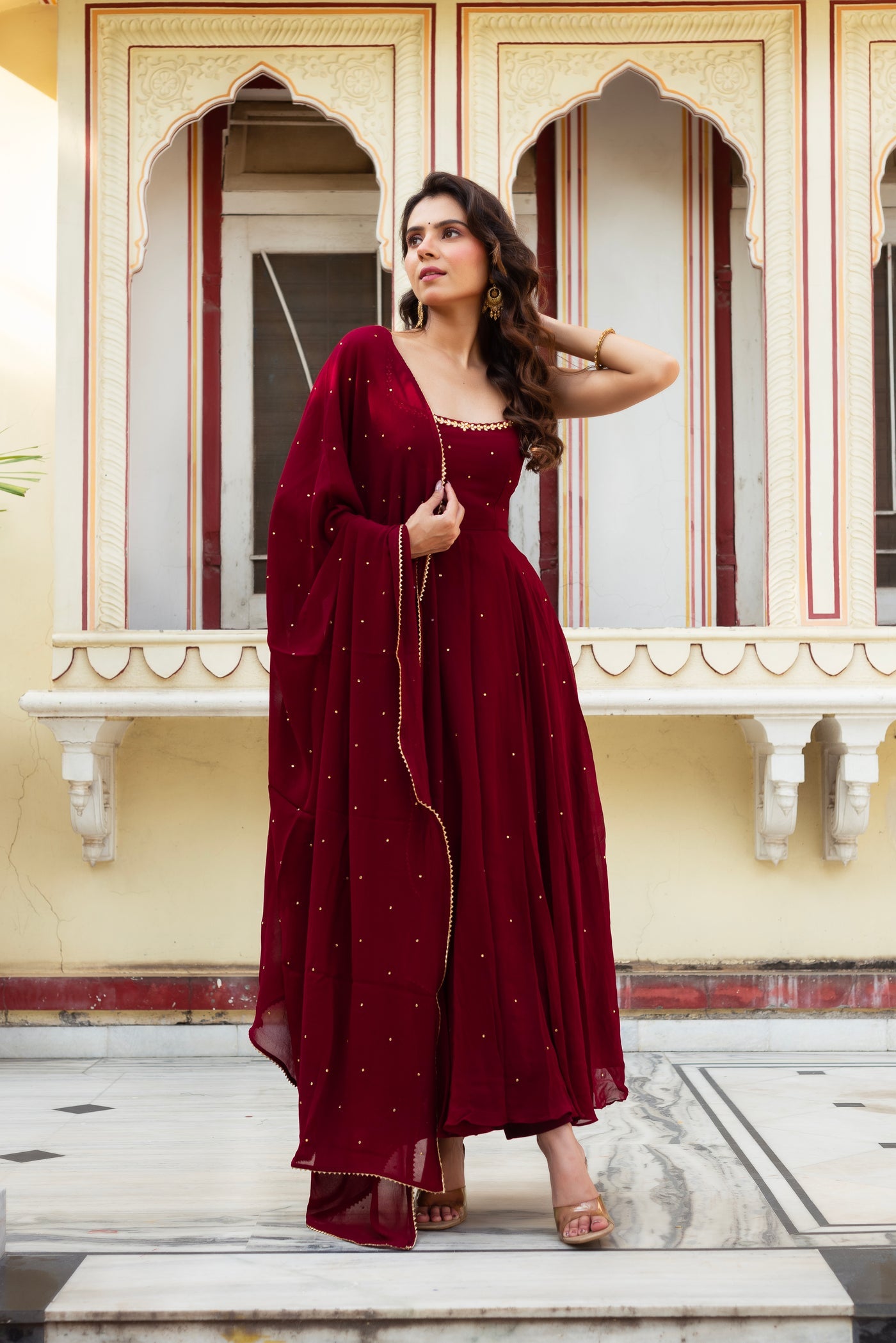Stylish Maroon Georgette Anarkali Suit for Traditional Festive Look