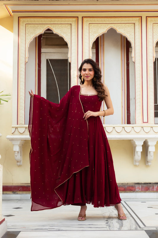 Stylish Maroon Georgette Anarkali Suit for Traditional Festive Look
