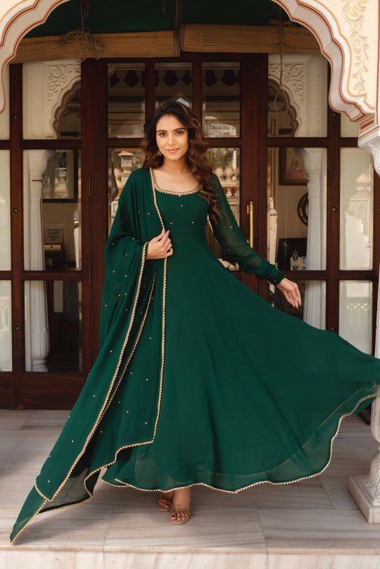 Stylish Dark Green Embellished Anarkali Dress with Dupatta
