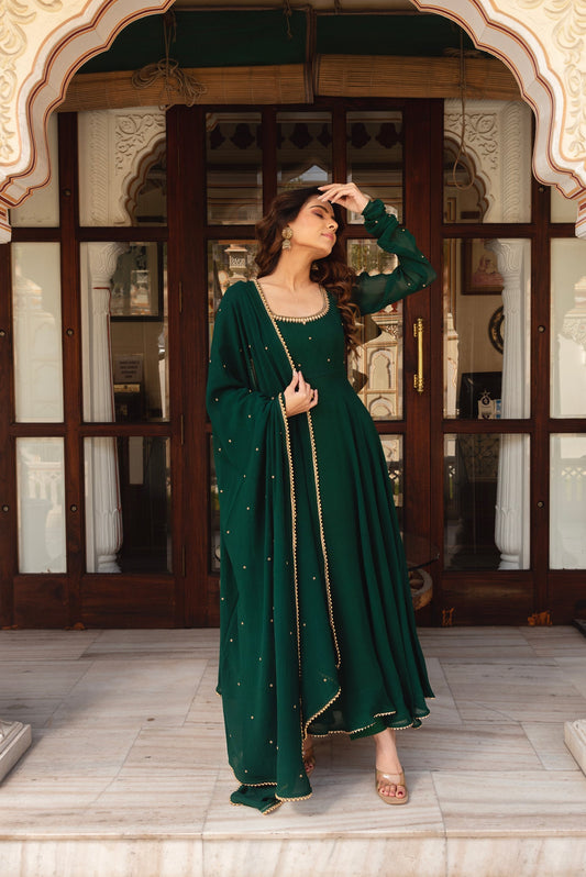 Stylish Dark Green Embellished Anarkali Dress with Dupatta