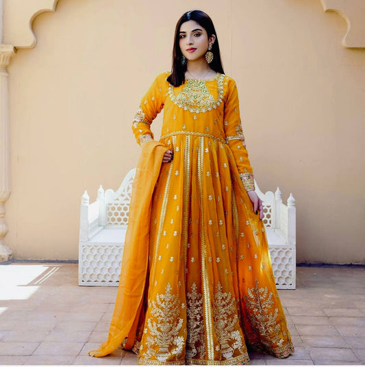 Sunehri Adaa - Mustard Embroidered Gown With Dupatta