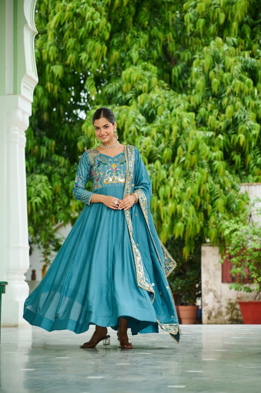 Tara Turquoise Blue Vichitra Silk Gown And Dupatta For Wedding