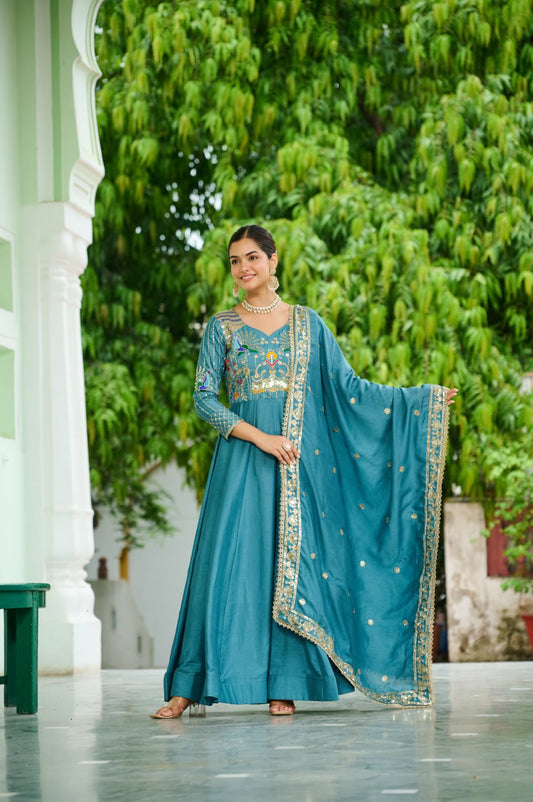 Tara Turquoise Blue Vichitra Silk Gown And Dupatta For Wedding