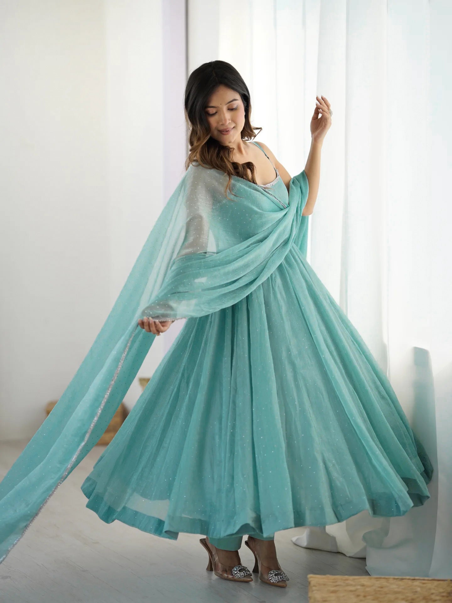Teal Blue Shimmer Anarkali Suit with Dupatta for Party Wear