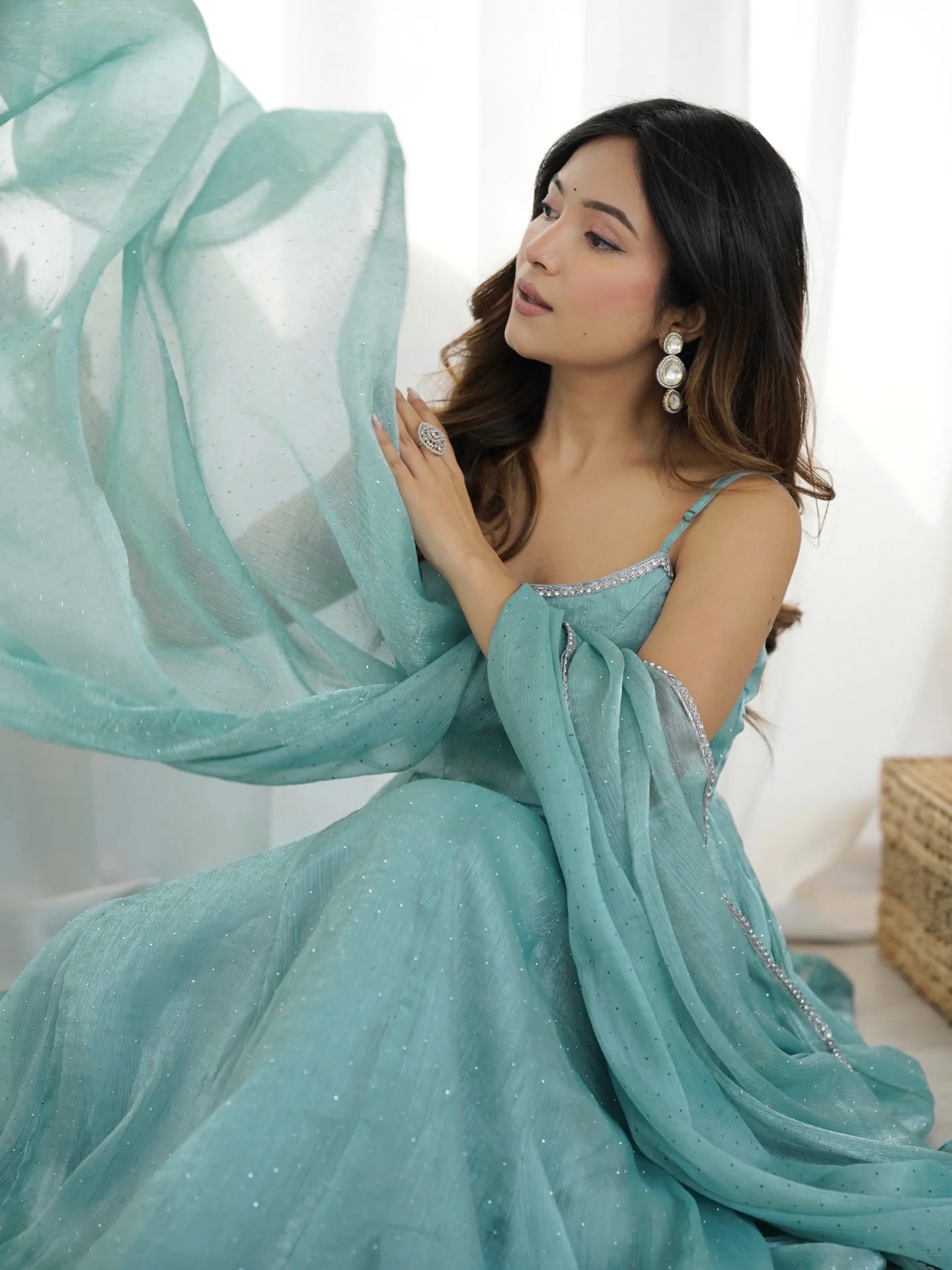 Teal Blue Shimmer Anarkali Suit with Dupatta for Party Wear