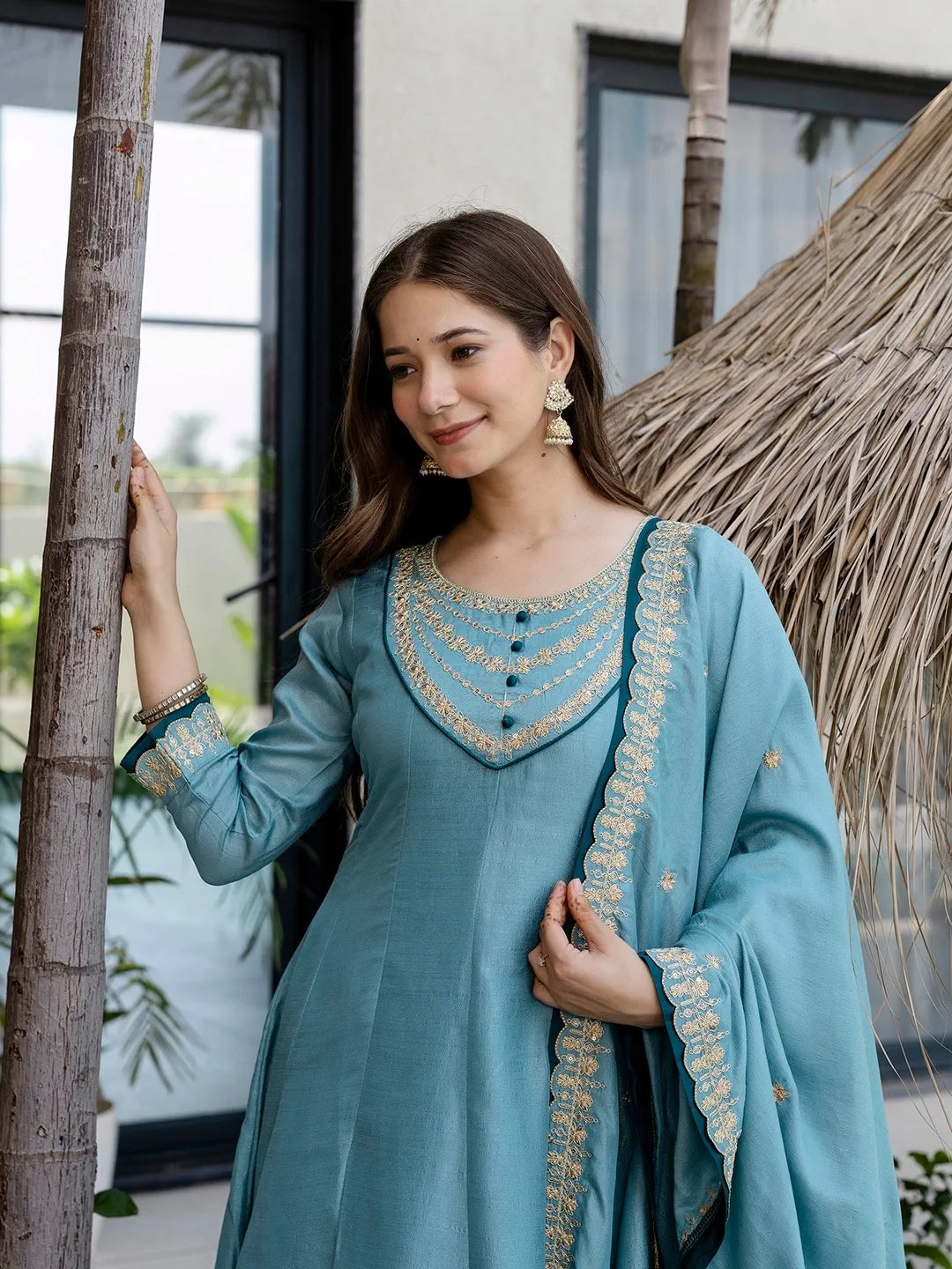 Teal Blue Embroidered Anarkali Kurta Set with Dupatta for Diwali