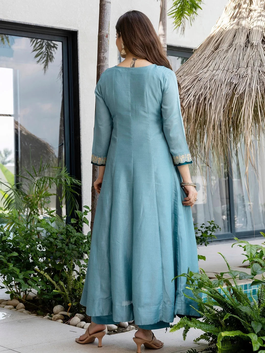 Teal Blue Embroidered Anarkali Kurta Set with Dupatta for Diwali