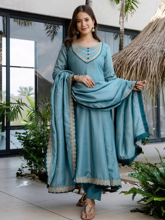 Teal Blue Embroidered Anarkali Kurta Set with Dupatta for Diwali