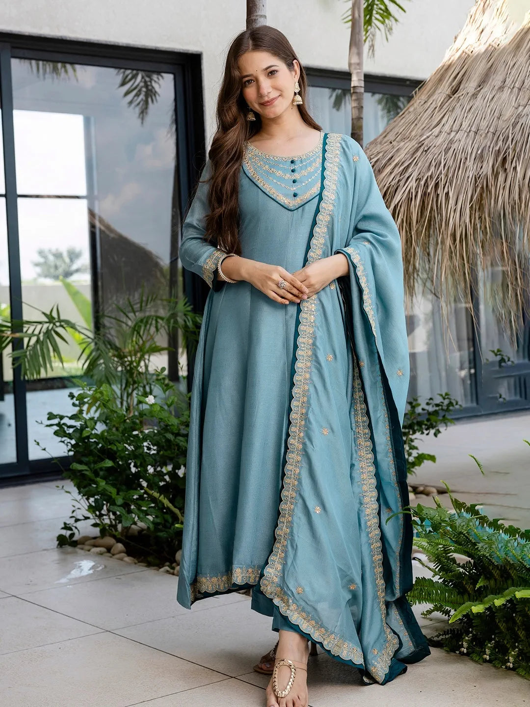 Teal Blue Embroidered Anarkali Kurta Set with Dupatta for Diwali