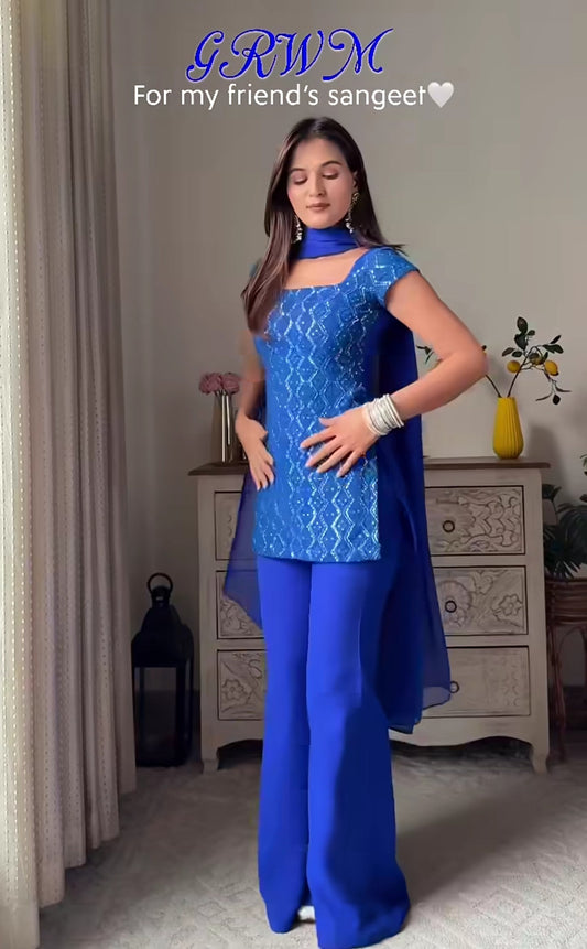 Tia Ocean Blue Embroidery Georgette Kurta set With Dupatta