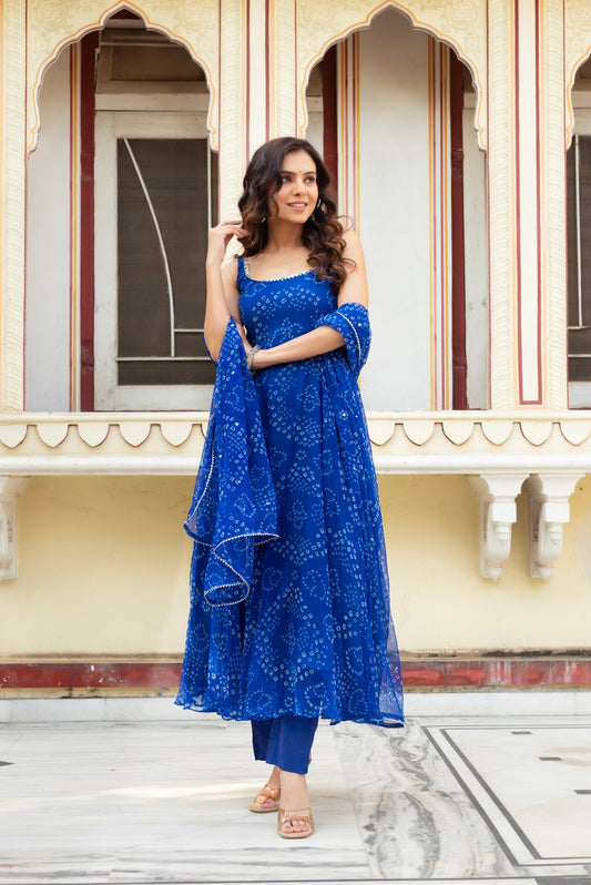 Traditional Blue Georgette Bandhani Printed Anarkali Suit Set With Dupatta