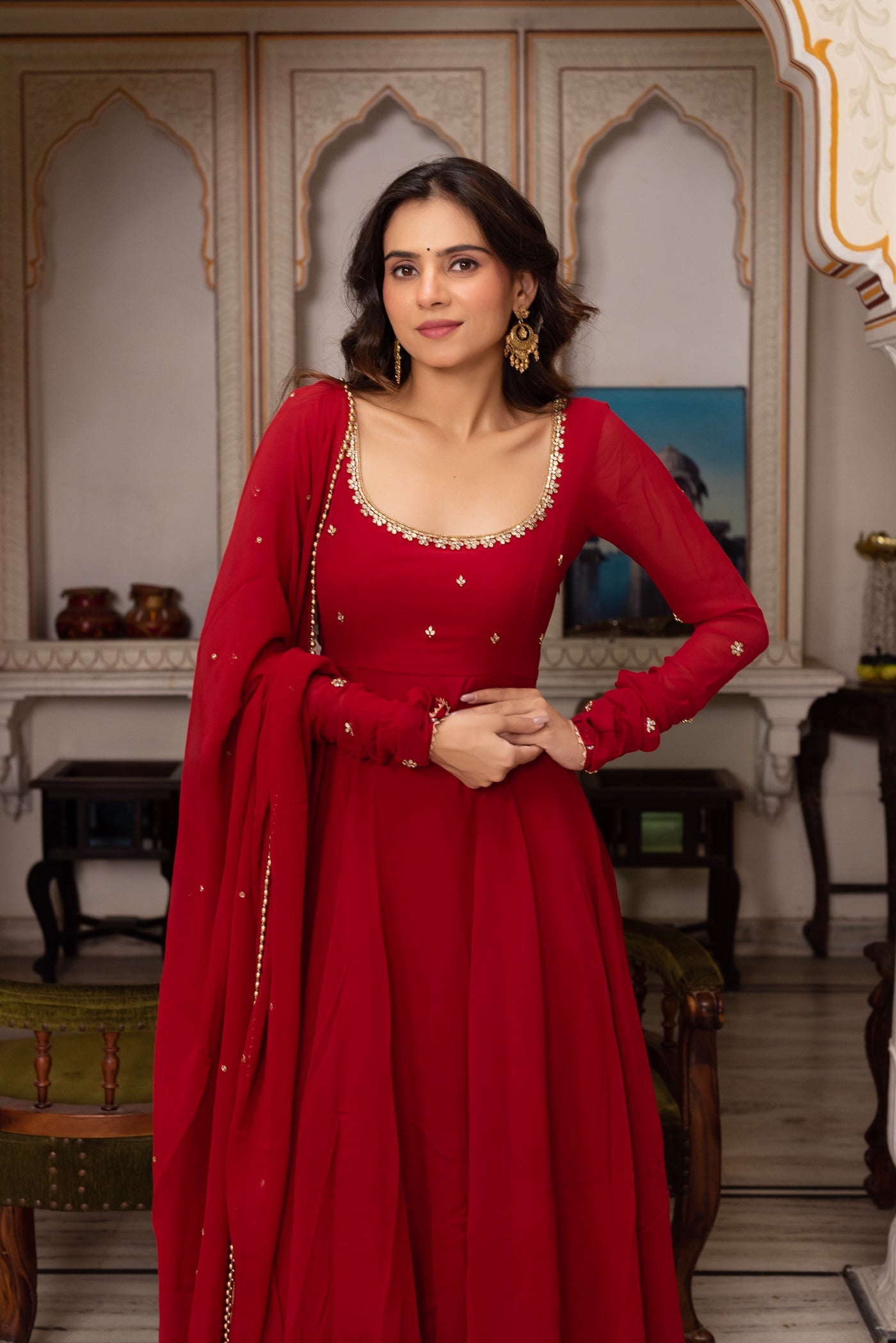 Trendy Maroon Georgette Anarkali Suit Set for Festive Season