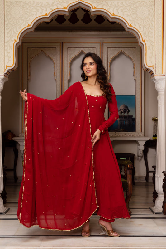 Trendy Maroon Georgette Anarkali Suit Set for Festive Season