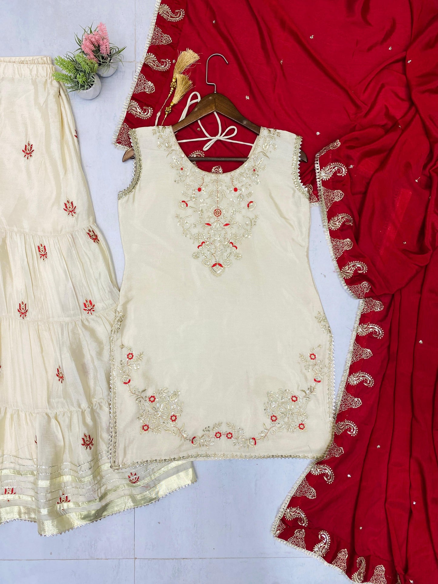 Trendy Cream Color Embroidery Work Full Stitched Sharara Suit