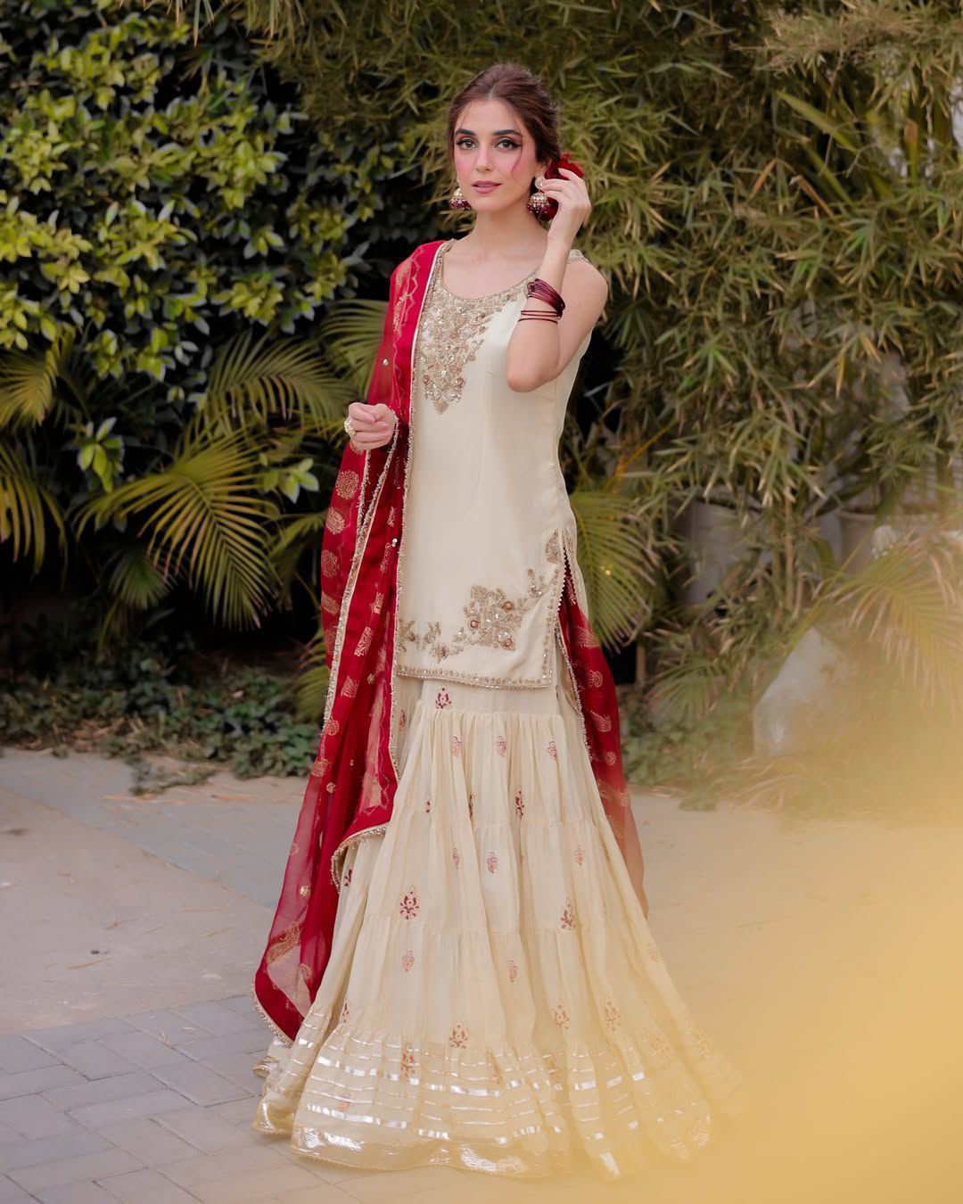 Trendy Cream Color Embroidery Work Full Stitched Sharara Suit