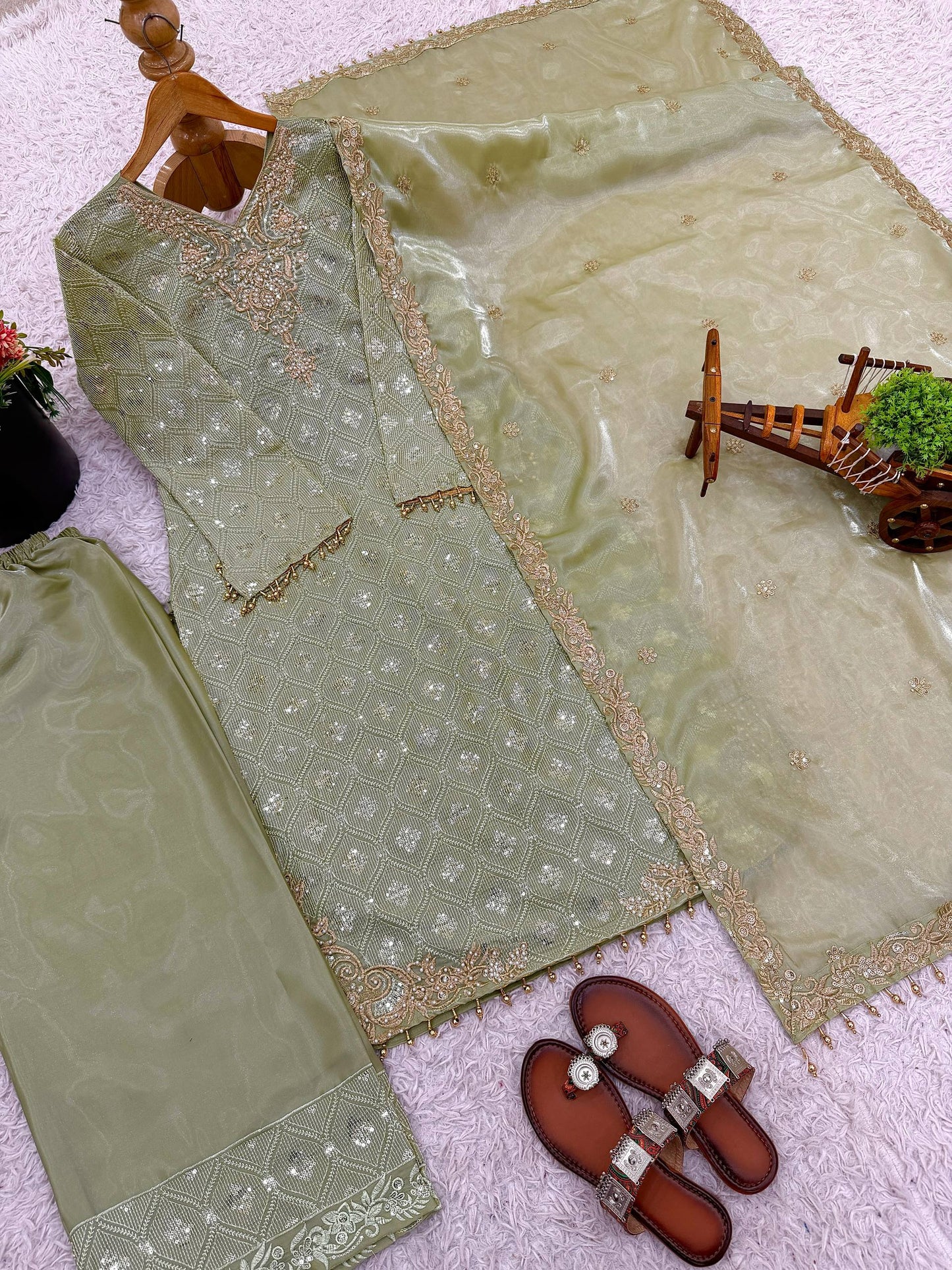 Trendy Pista Heavy Embroidered Sequin Work Salwar Suit With Dupatta