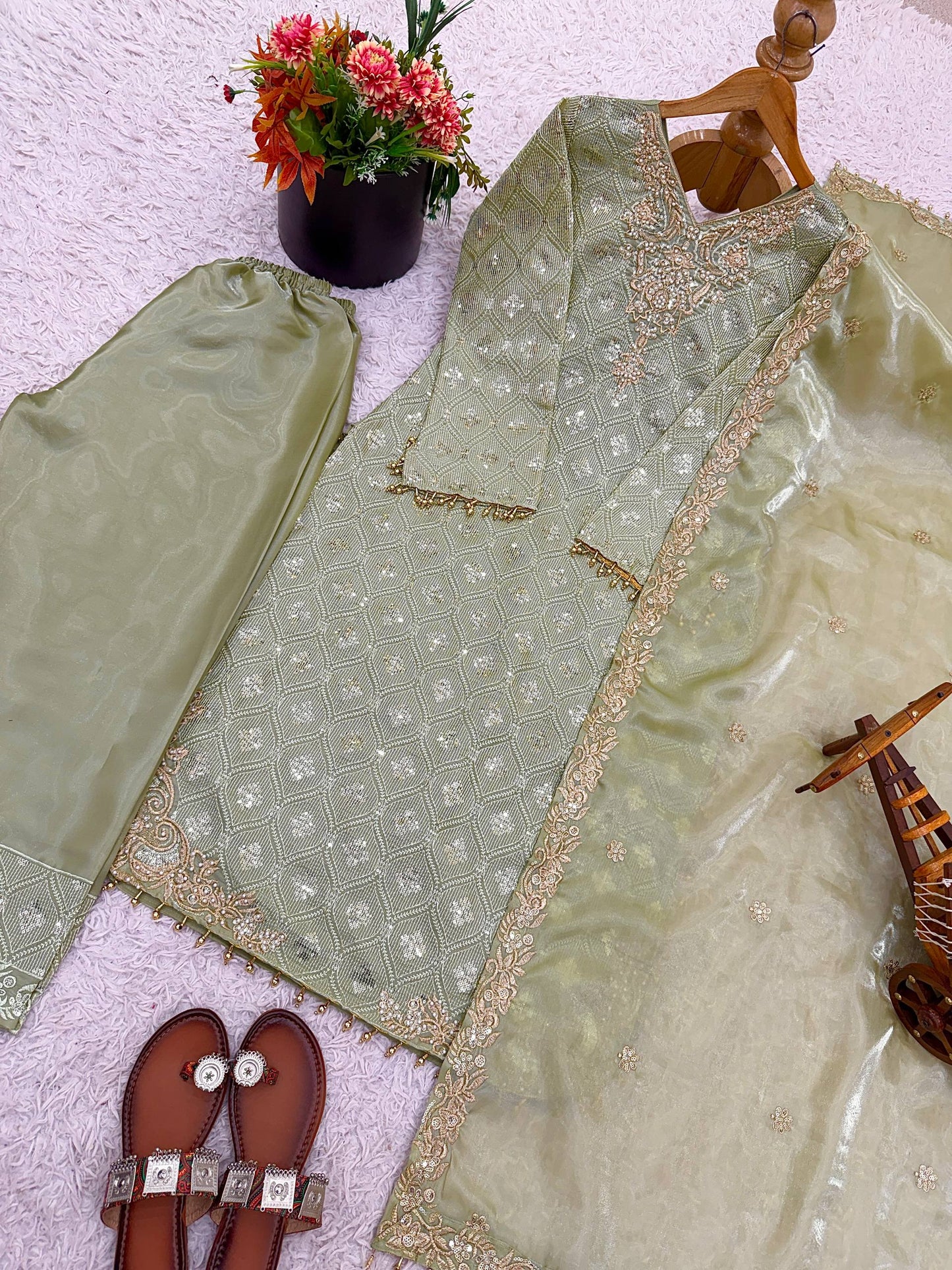 Trendy Pista Heavy Embroidered Sequin Work Salwar Suit With Dupatta