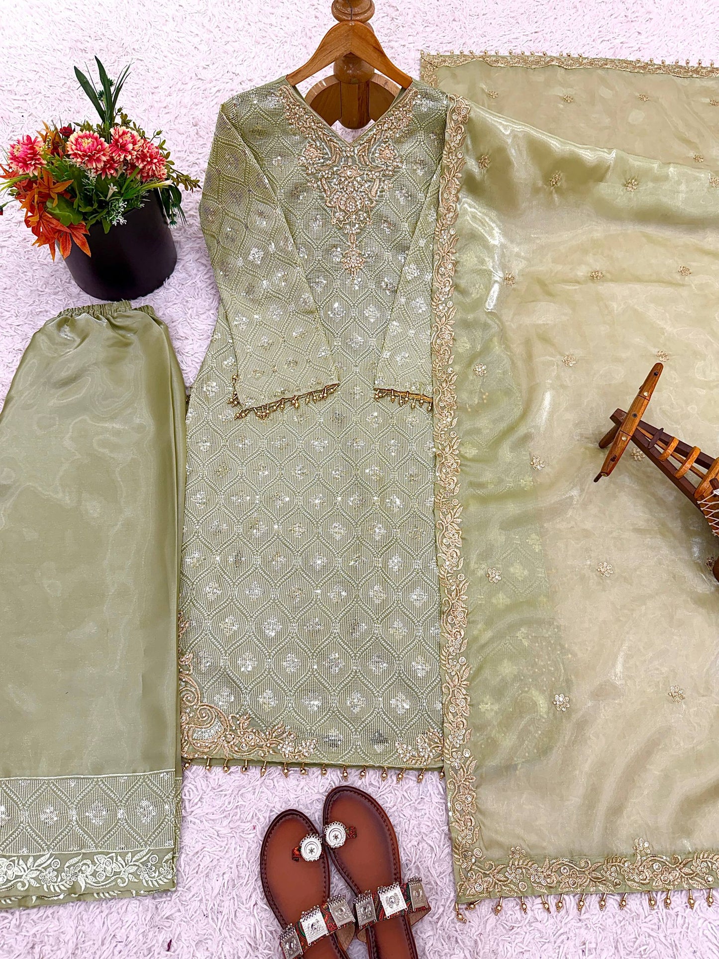 Trendy Pista Heavy Embroidered Sequin Work Salwar Suit With Dupatta