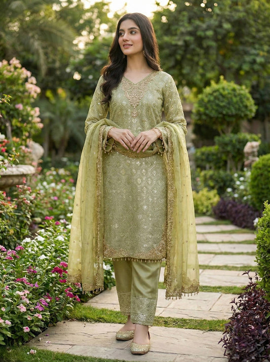 Trendy Pista Heavy Embroidered Sequin Work Salwar Suit With Dupatta