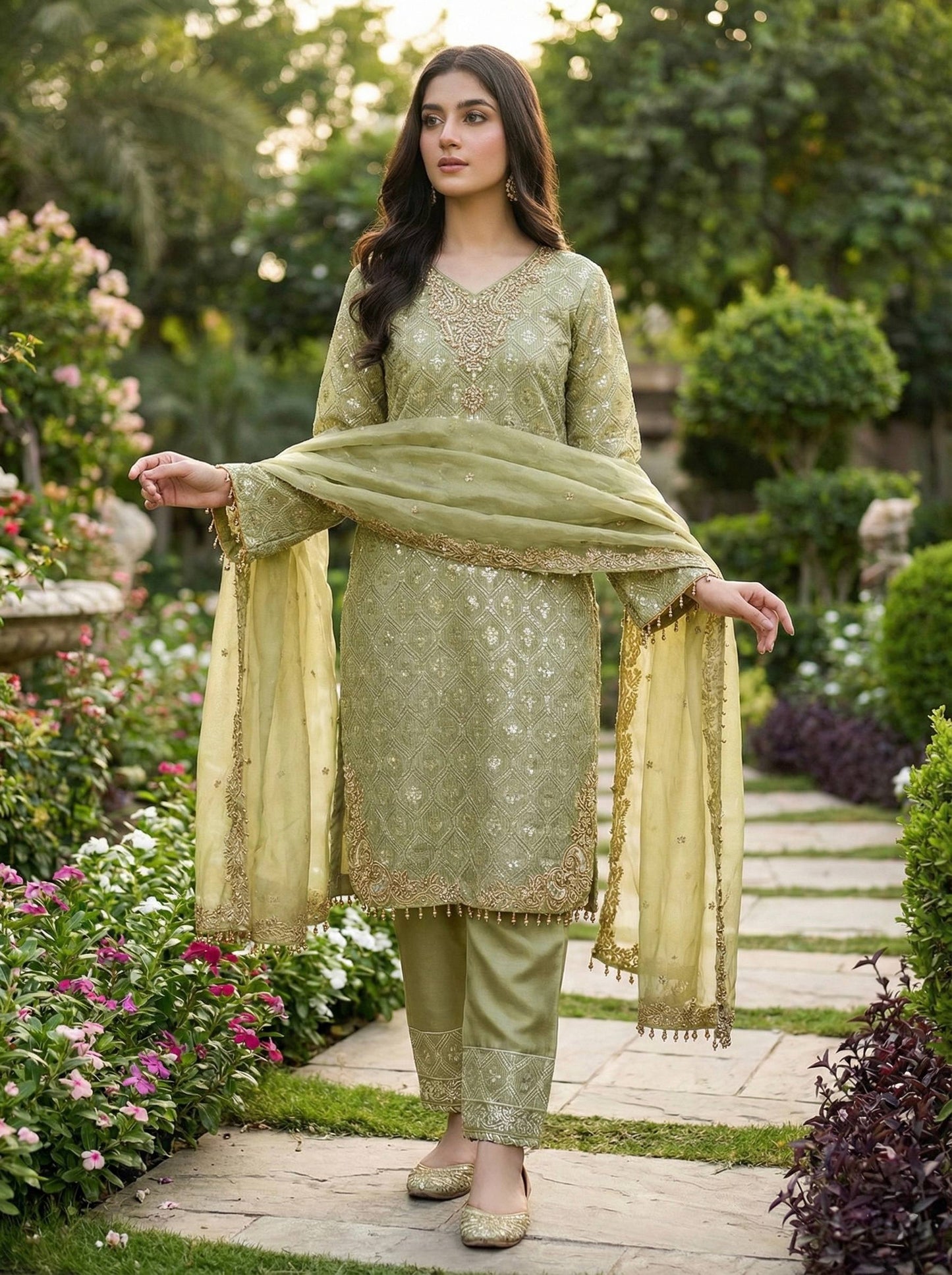 Trendy Pista Heavy Embroidered Sequin Work Salwar Suit With Dupatta