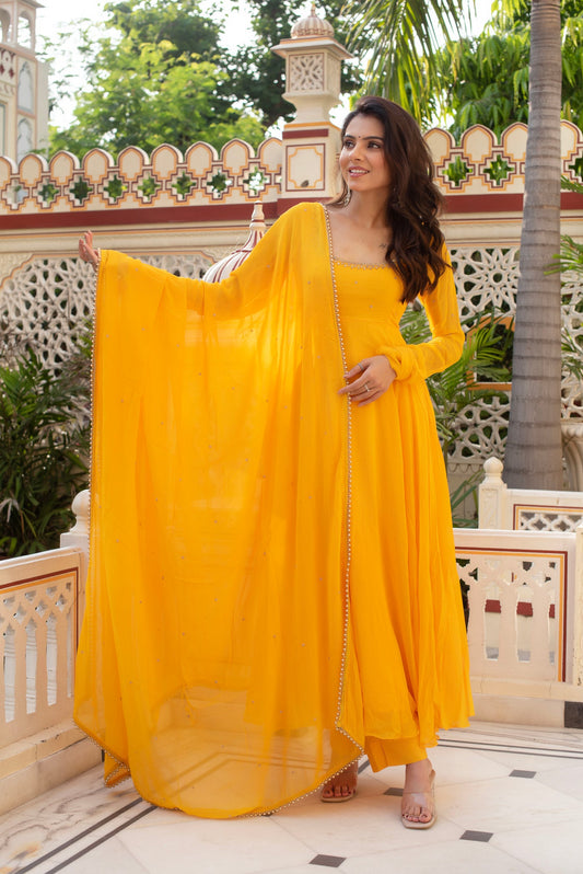 Vibrant Yellow Georgette Anarkali Suit for Haldi & Wedding