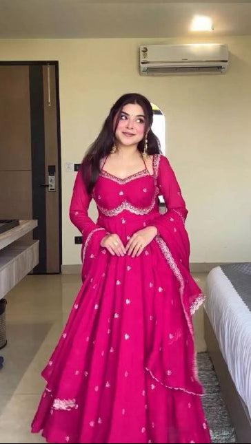 Vibrant Pink Embroidered Georgette Anarkali Suit with Dupatta