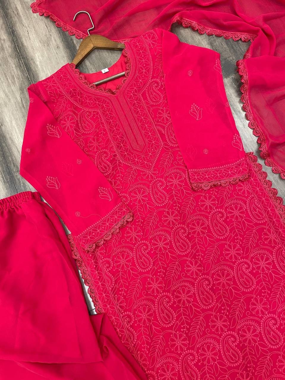 Viscose Red Georgette Chikankari Kurta With Palazzo And Dupatta