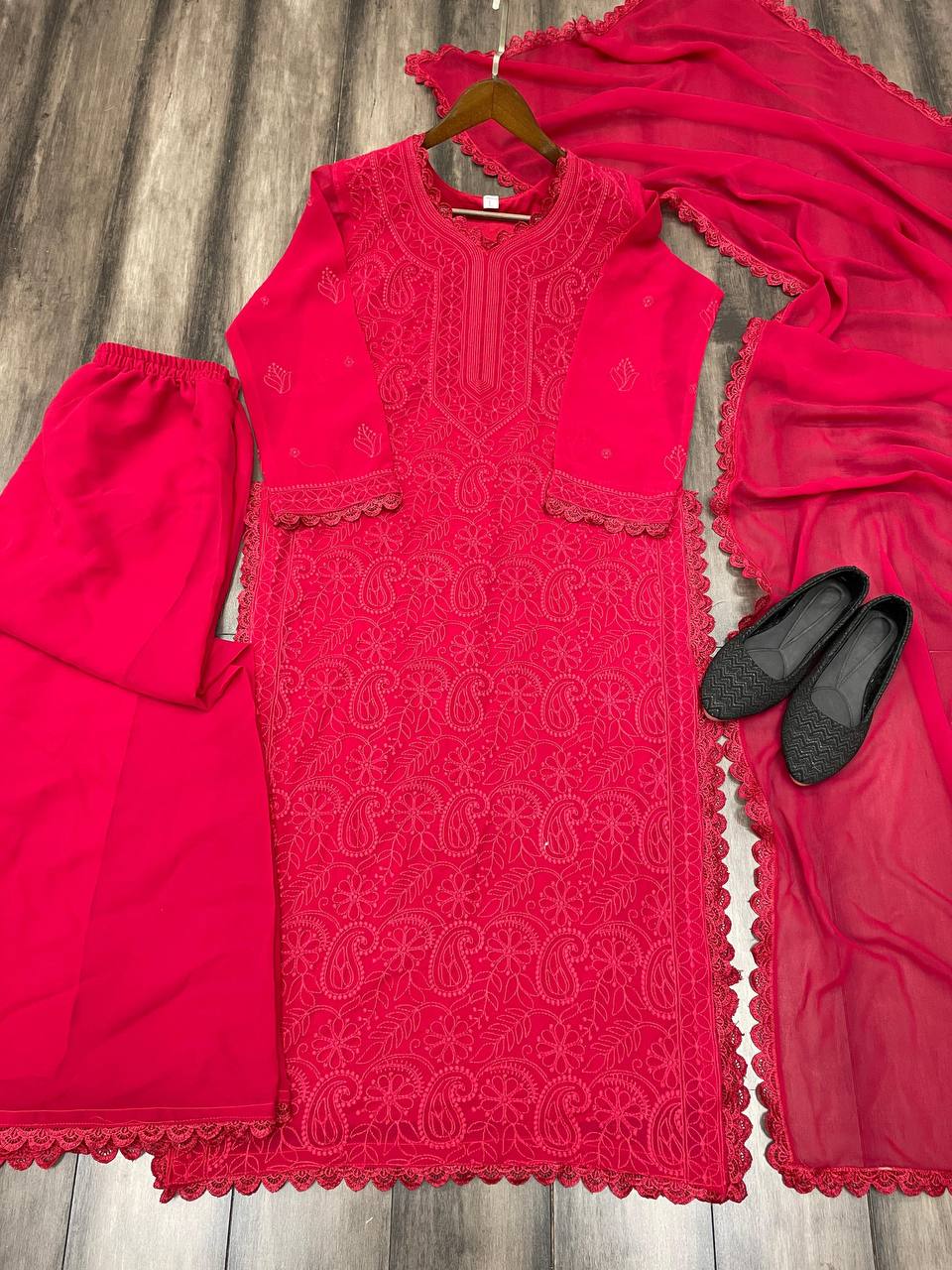 Viscose Red Georgette Chikankari Kurta With Palazzo And Dupatta