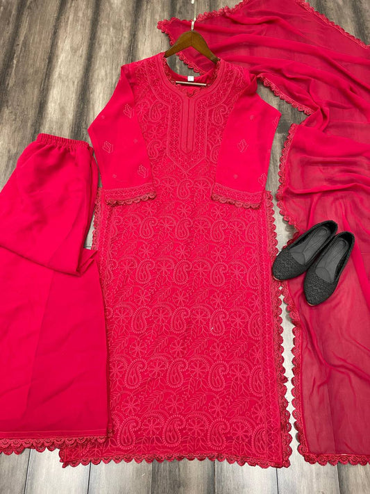 Viscose Red Georgette Chikankari Kurta With Palazzo And Dupatta