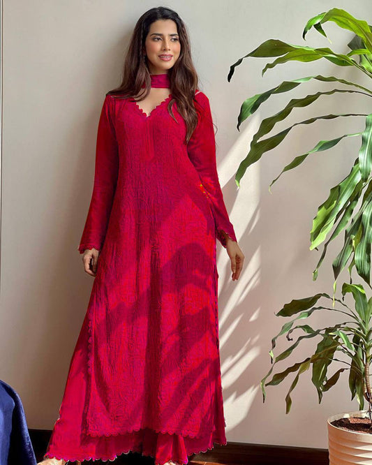 Viscose Red Georgette Chikankari Kurta With Palazzo And Dupatta