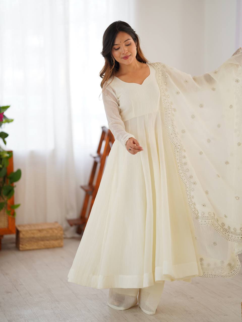 White Anarkali Gown in Fendi Silk With Sequence Embroidery Dupatta