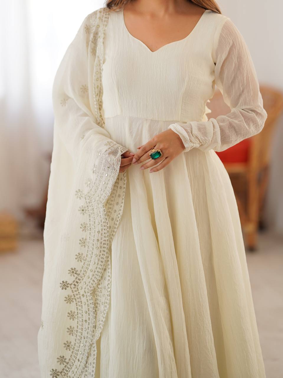 White Anarkali Gown in Fendi Silk With Sequence Embroidery Dupatta