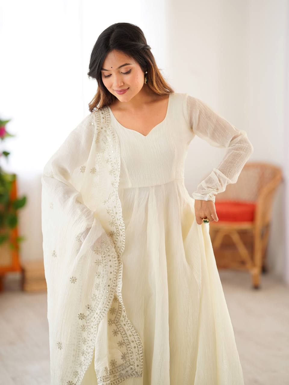 White Anarkali Gown in Fendi Silk With Sequence Embroidery Dupatta