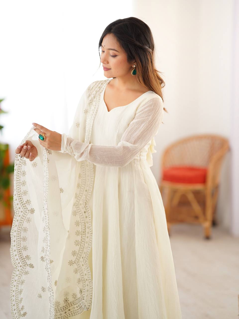 White Anarkali Gown in Fendi Silk With Sequence Embroidery Dupatta