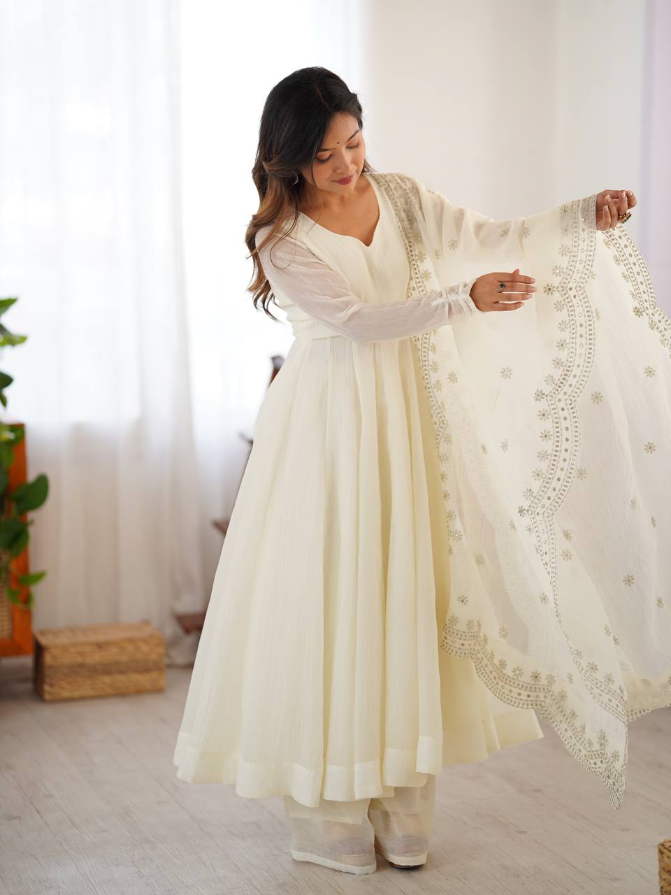White Anarkali Gown in Fendi Silk With Sequence Embroidery Dupatta