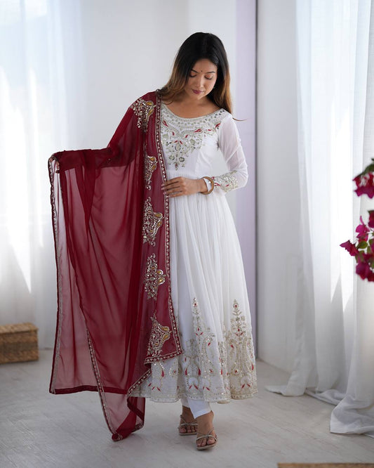 White Embroidered Anarkali Suit with Maroon Dupatta for Wedding