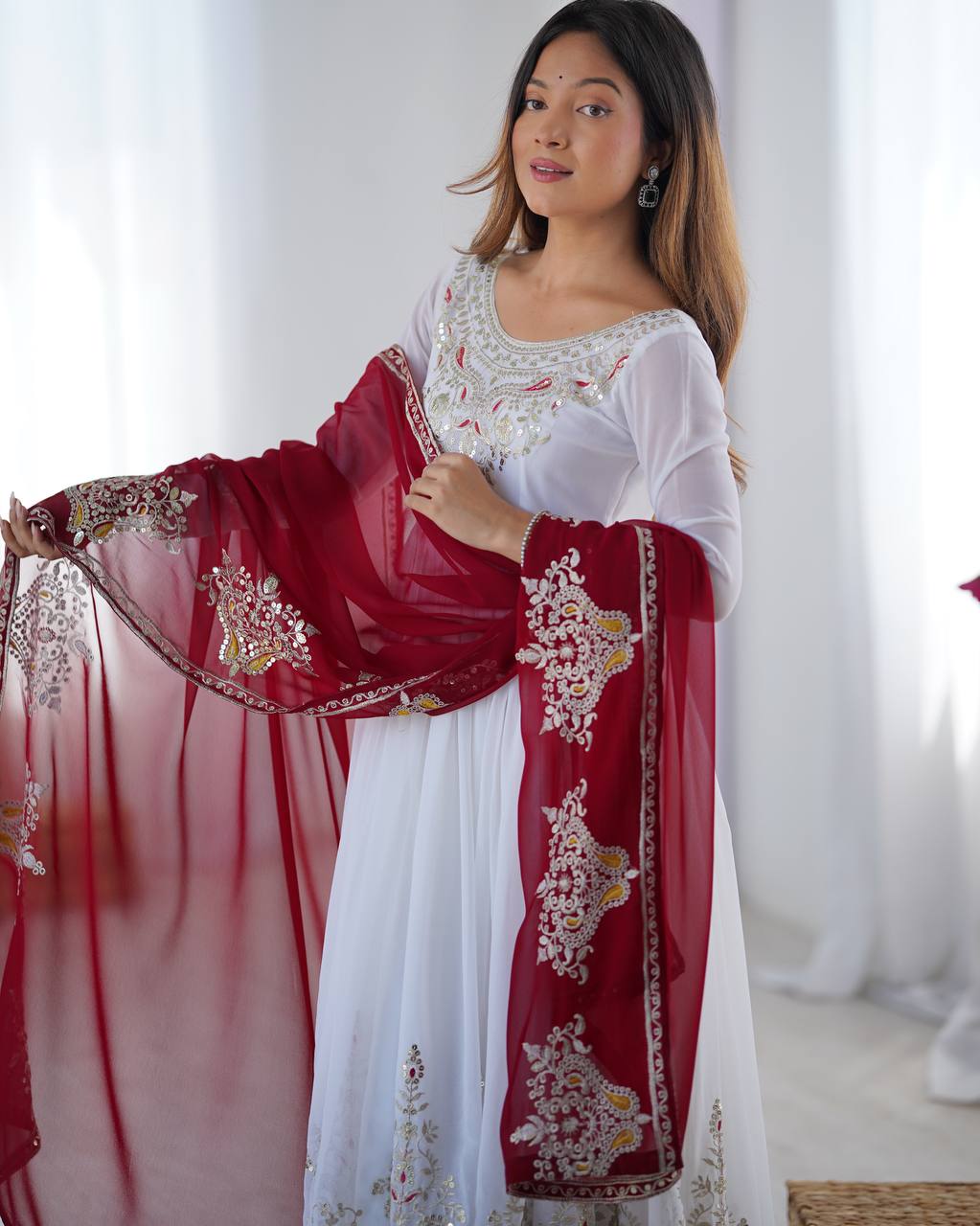 White Embroidered Anarkali Suit with Maroon Dupatta for Wedding